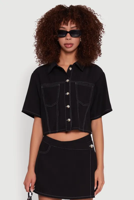 Twill Cropped Button Front Shirt sold by Rainbow