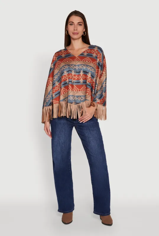 Faux Suede Aztec Print Fringe Poncho made by Rainbow