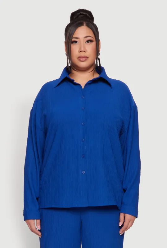 Plus Size Textured Knit Solid Button Front Long Sleeve Shirt sold by Rainbow