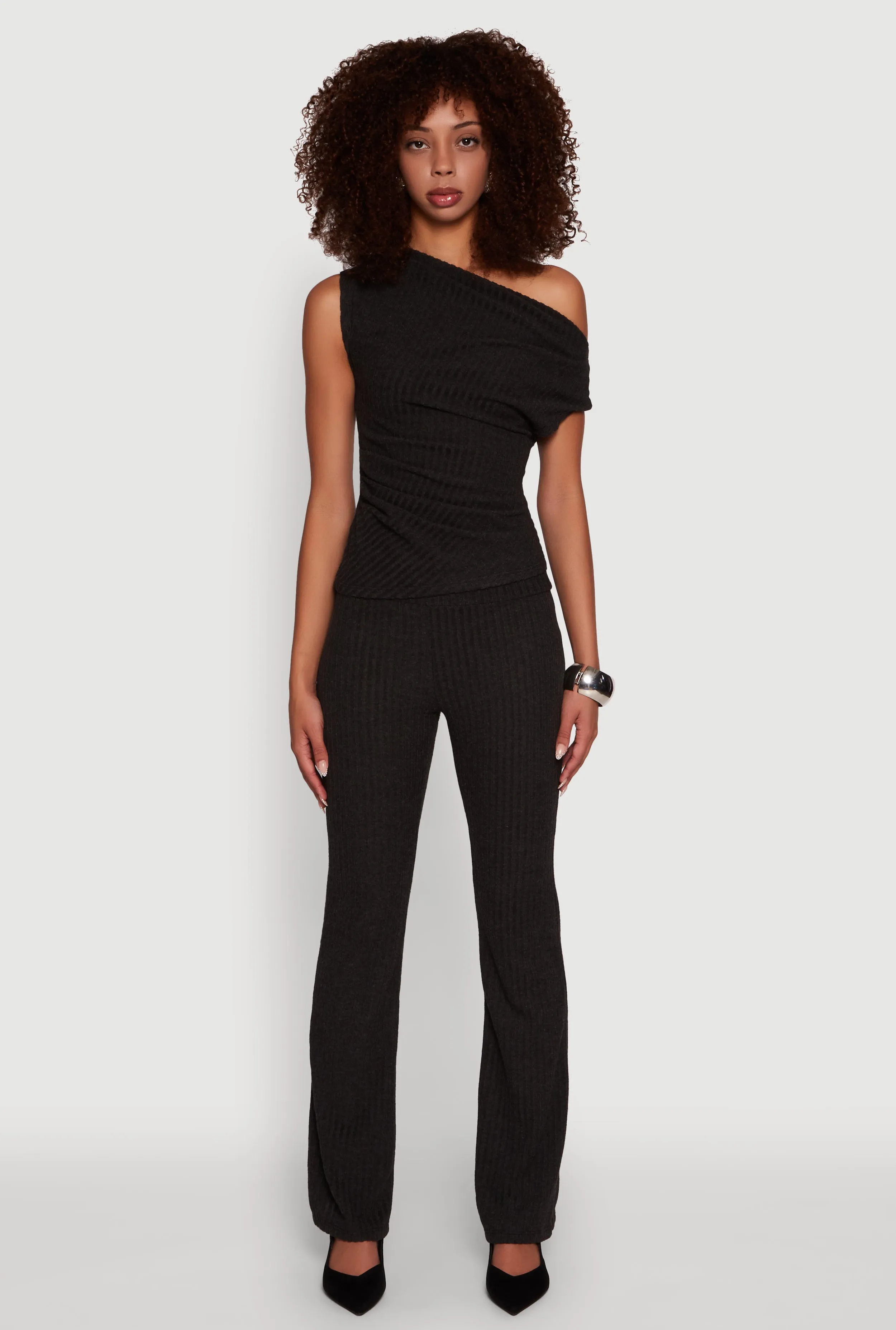 Ribbed Knit Solid One Shoulder Blouse sold by Rainbow product image thumbnail 2