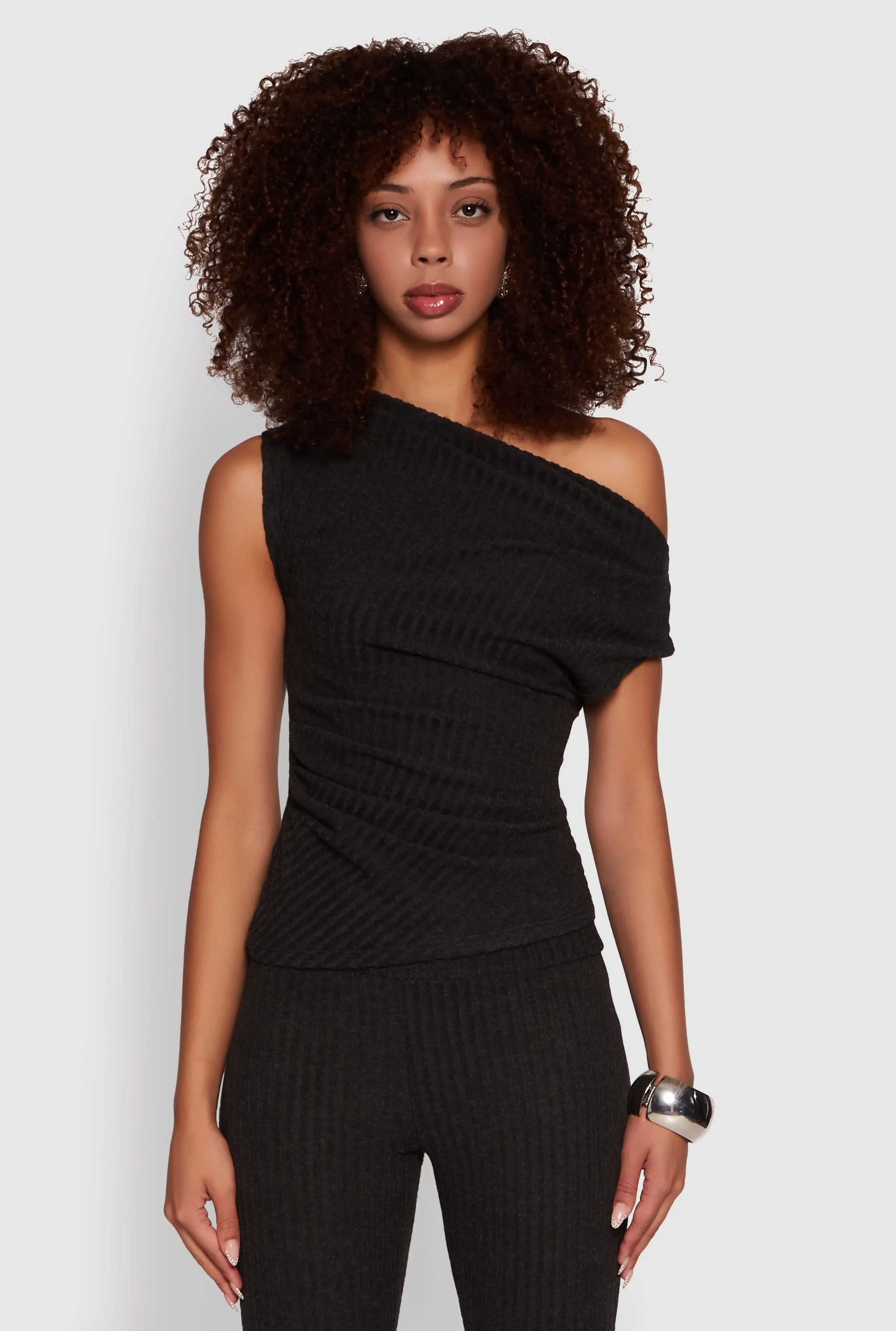 Ribbed Knit Solid One Shoulder Blouse sold by Rainbow