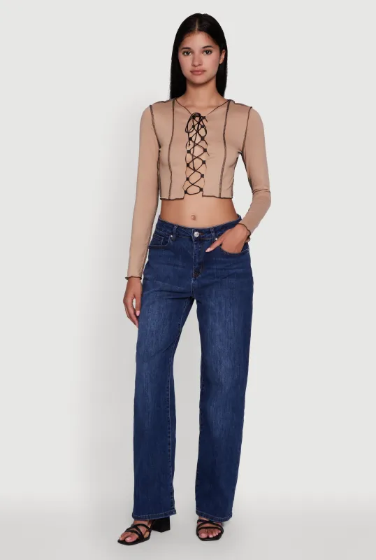 Brushed Knit Lace-Up Long Sleeve Crop Blouse sold by Rainbow