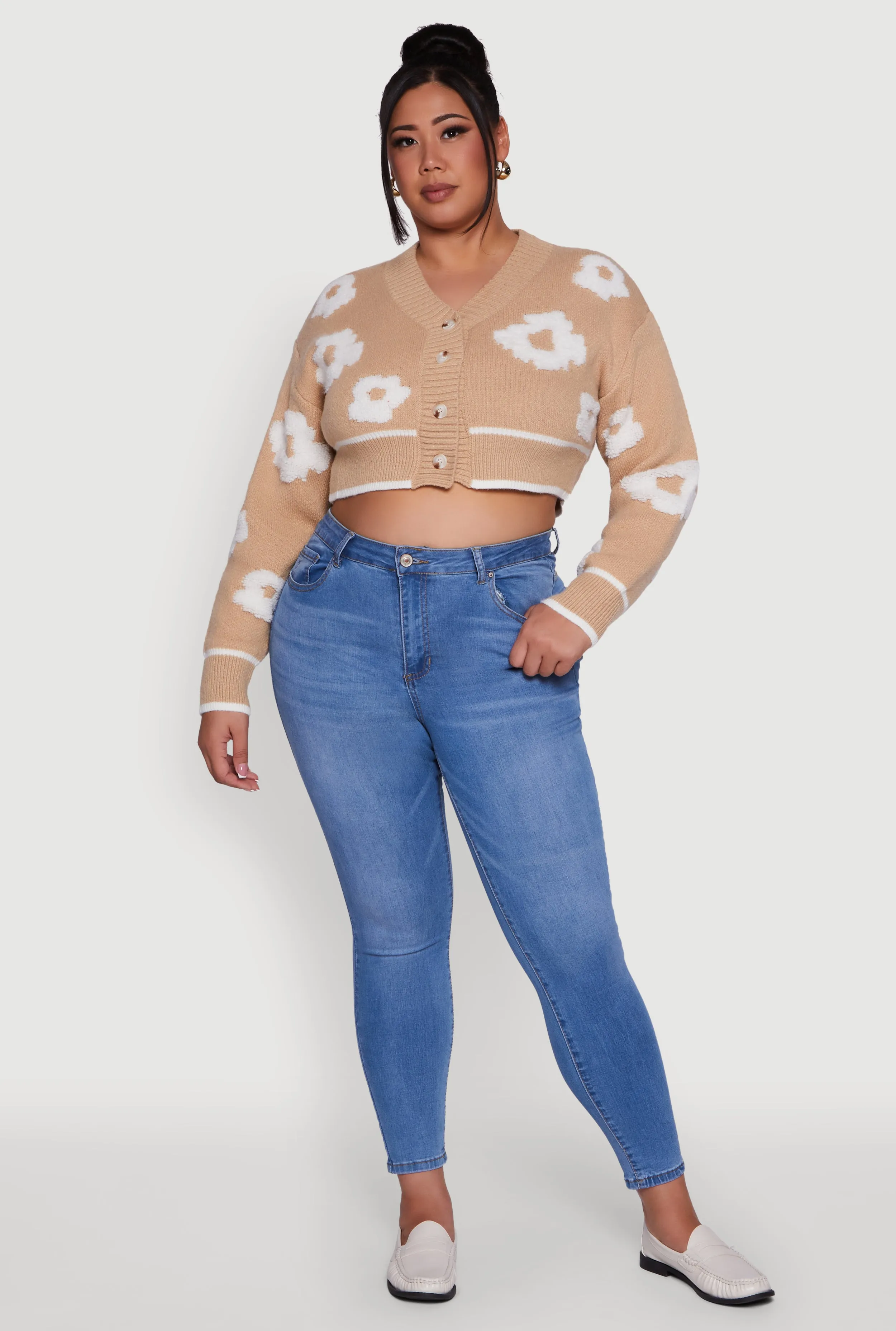 Plus Size Flower Tufted Knit Cropped Cardigan sold by Rainbow