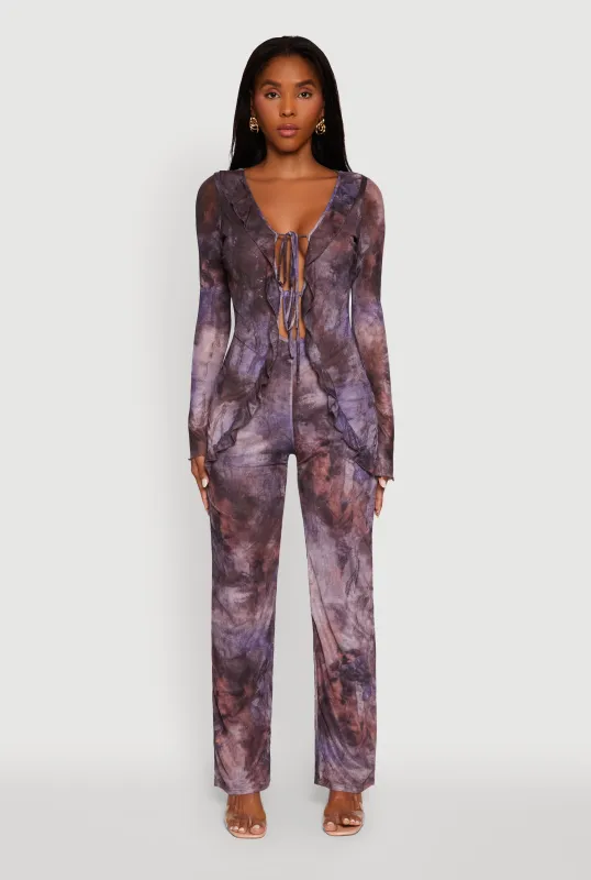 Printed Mesh Long Sleeve Ruffle Overlay Jumpsuit sold by Rainbow