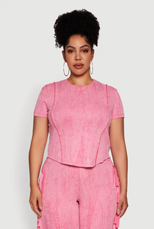 Plus Size Mineral Wash Pintuck Short Sleeve Top sold by Rainbow