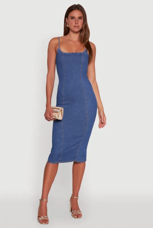 Denim Pintuck Slit Back Bodycon Dress sold by Rainbow