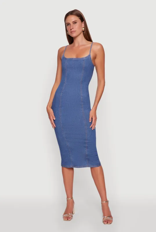Denim Pintuck Slit Back Bodycon Dress sold by Rainbow