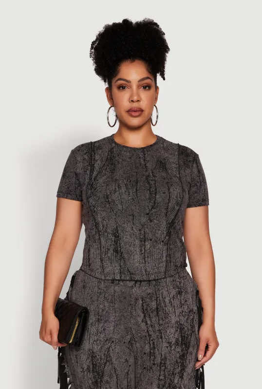 Plus Size Mineral Wash Pintuck Short Sleeve Top sold by Rainbow