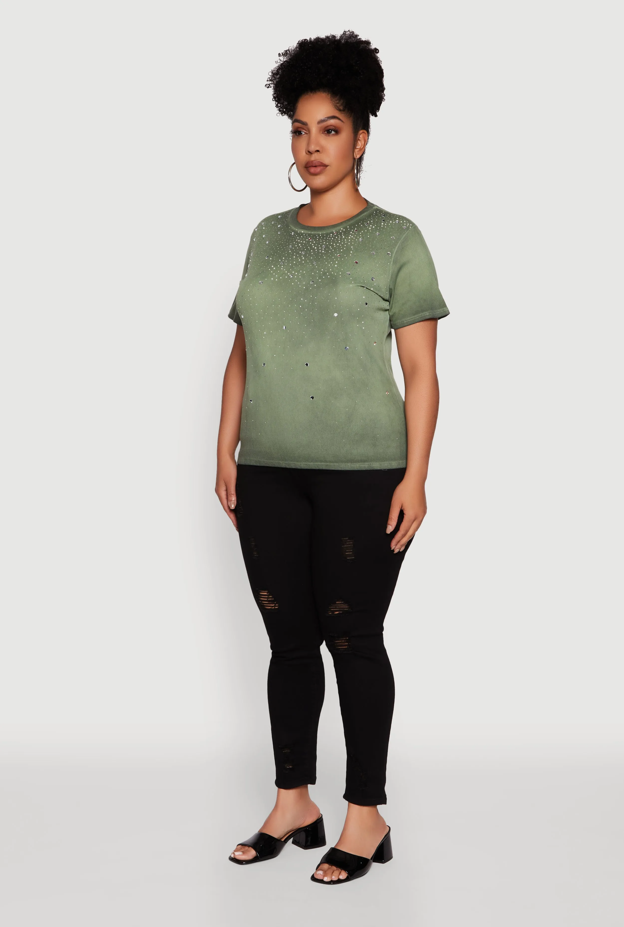 Plus Size Acid Wash Ribbed Knit Rhinestone Detail T-Shirt sold by Rainbow product image thumbnail 5