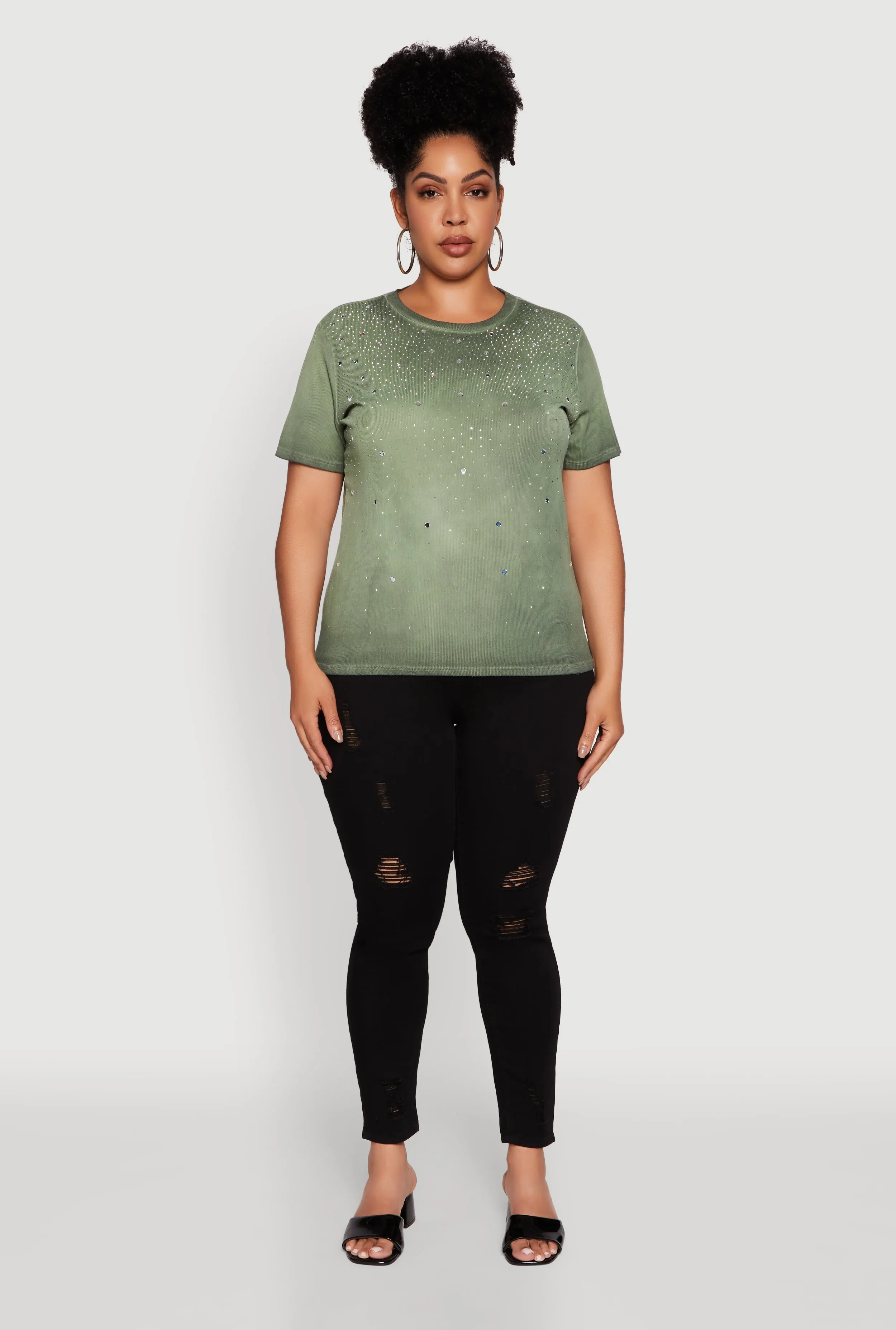 Plus Size Acid Wash Ribbed Knit Rhinestone Detail T-Shirt sold by Rainbow product image thumbnail 3