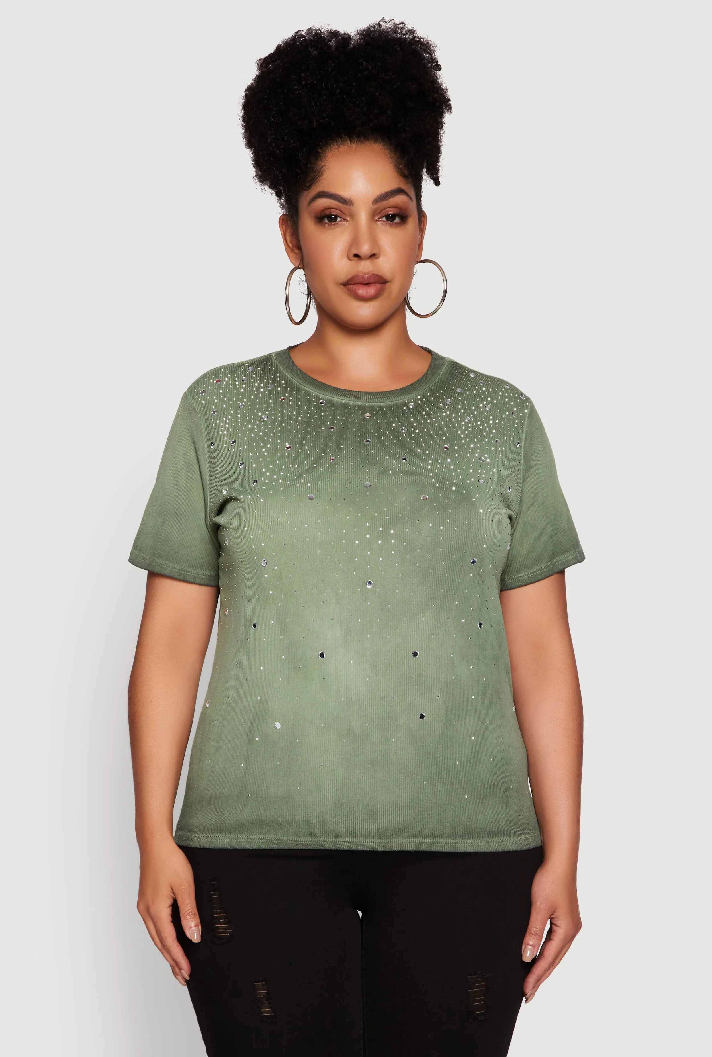 Plus Size Acid Wash Ribbed Knit Rhinestone Detail T-Shirt sold by Rainbow product image thumbnail 2