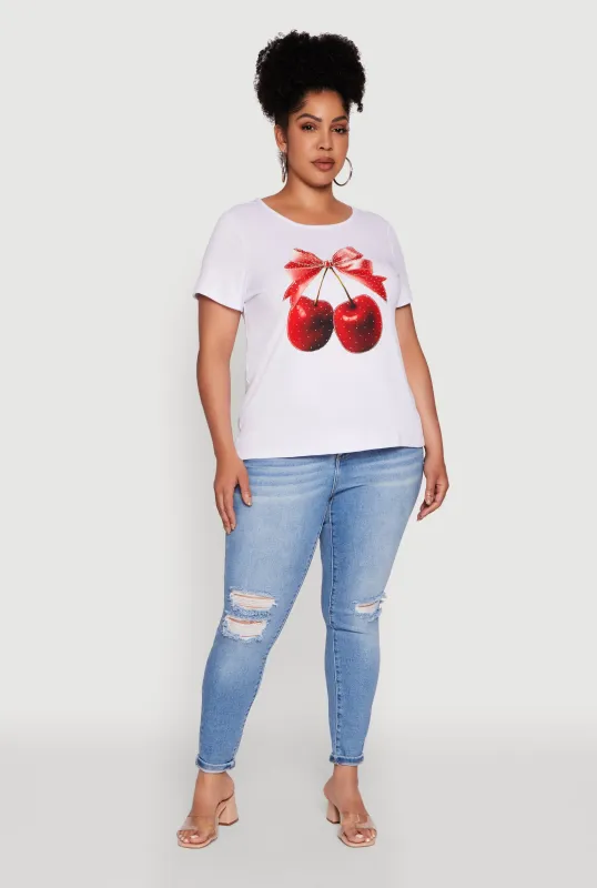 Plus Size Ribbed Knit Cherry Bow Tie Graphic Tee sold by Rainbow