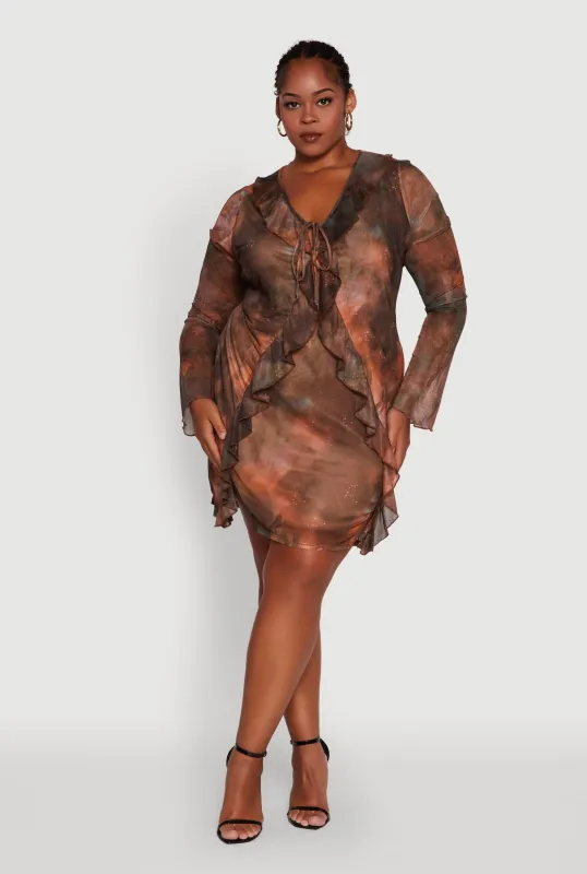 Plus Size Ruffle Trim Tie Dye Mesh Mini Dress sold by Rainbow