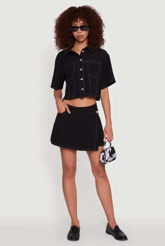 Twill Faux Wrap Asymmetrical Skort sold by Rainbow