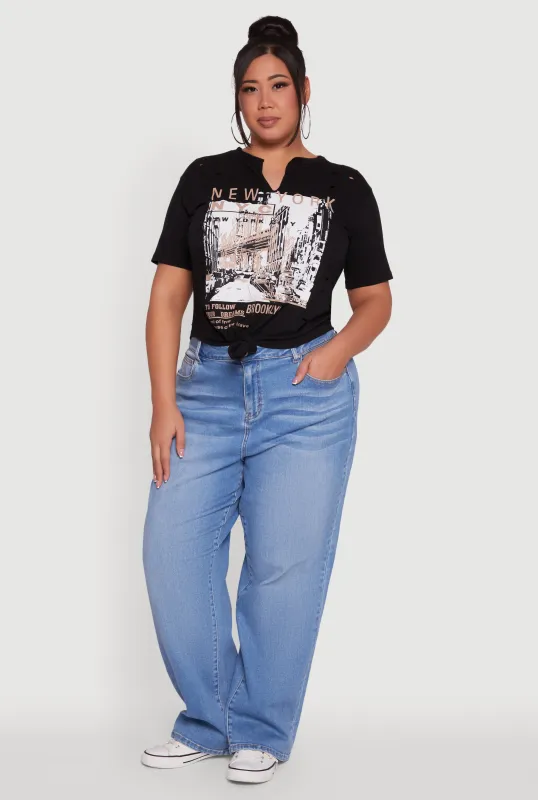 Plus Size NYC Graphic Print Knot Front T-Shirt sold by Rainbow