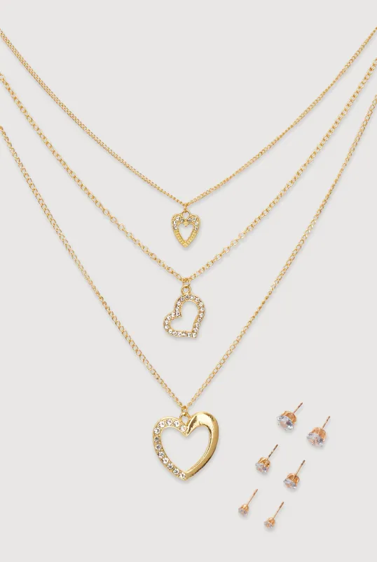 Cubic Zirconia Layered Heart Necklace and Stud Earrings Set of 4 sold by Rainbow