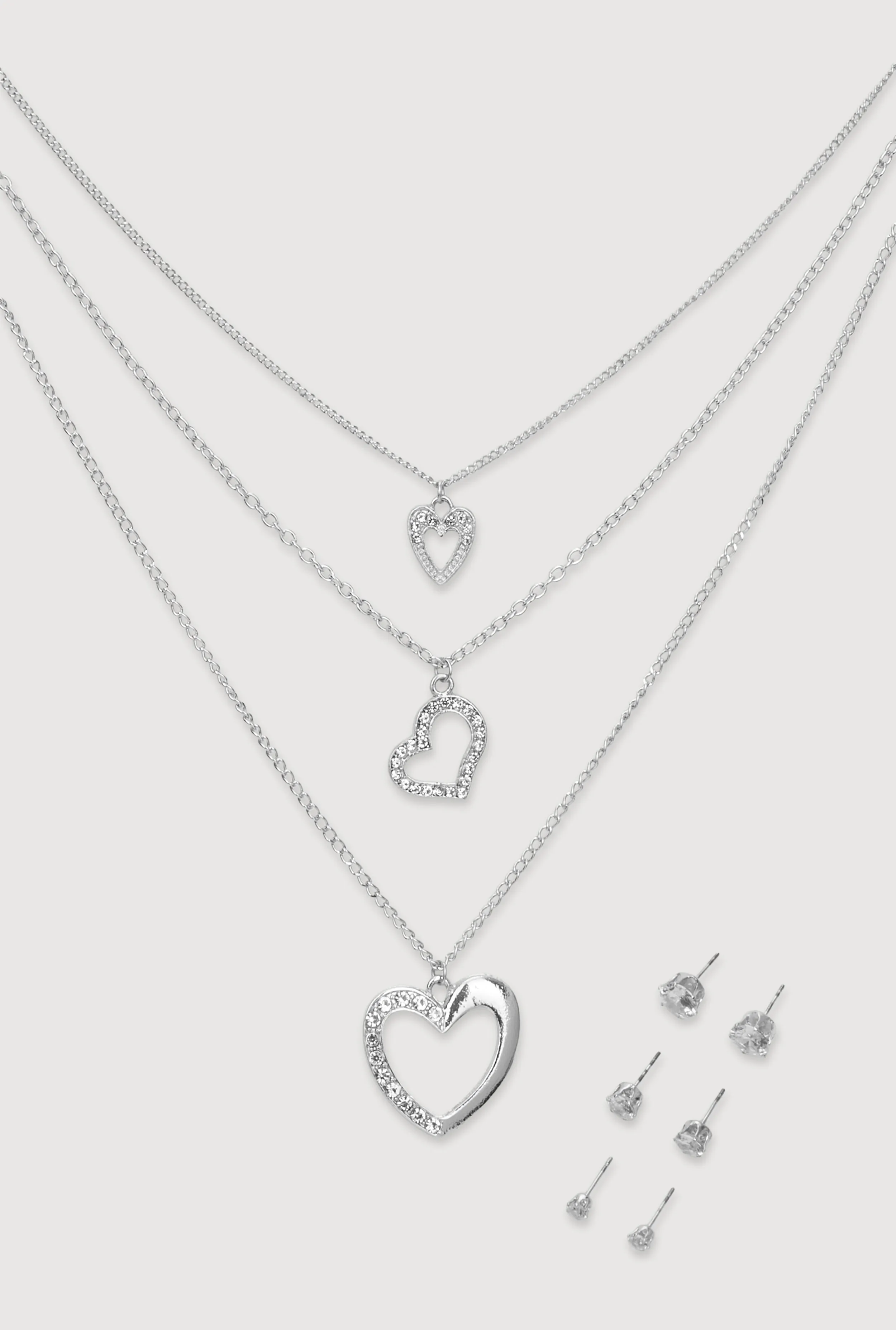 Cubic Zirconia Layered Heart Necklace and Stud Earrings Set of 4 sold by Rainbow