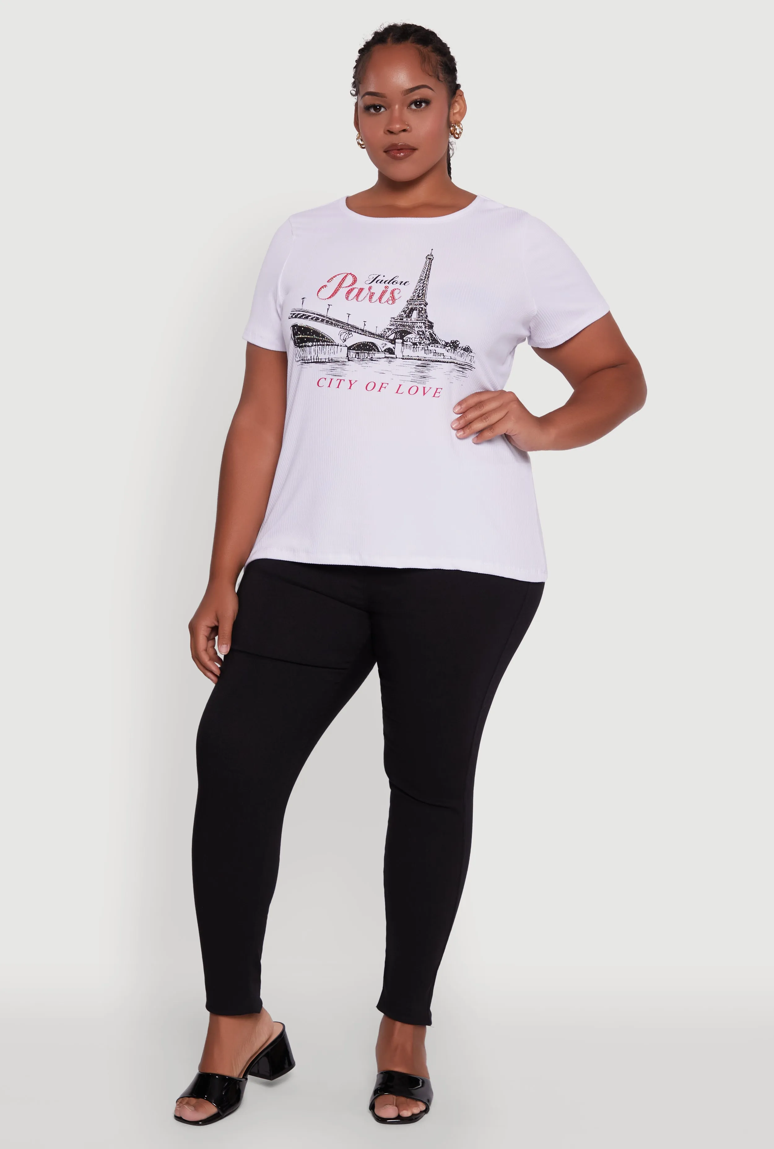 Plus Size Ribbed Knit Rhinestone Paris Graphic Tee sold by Rainbow