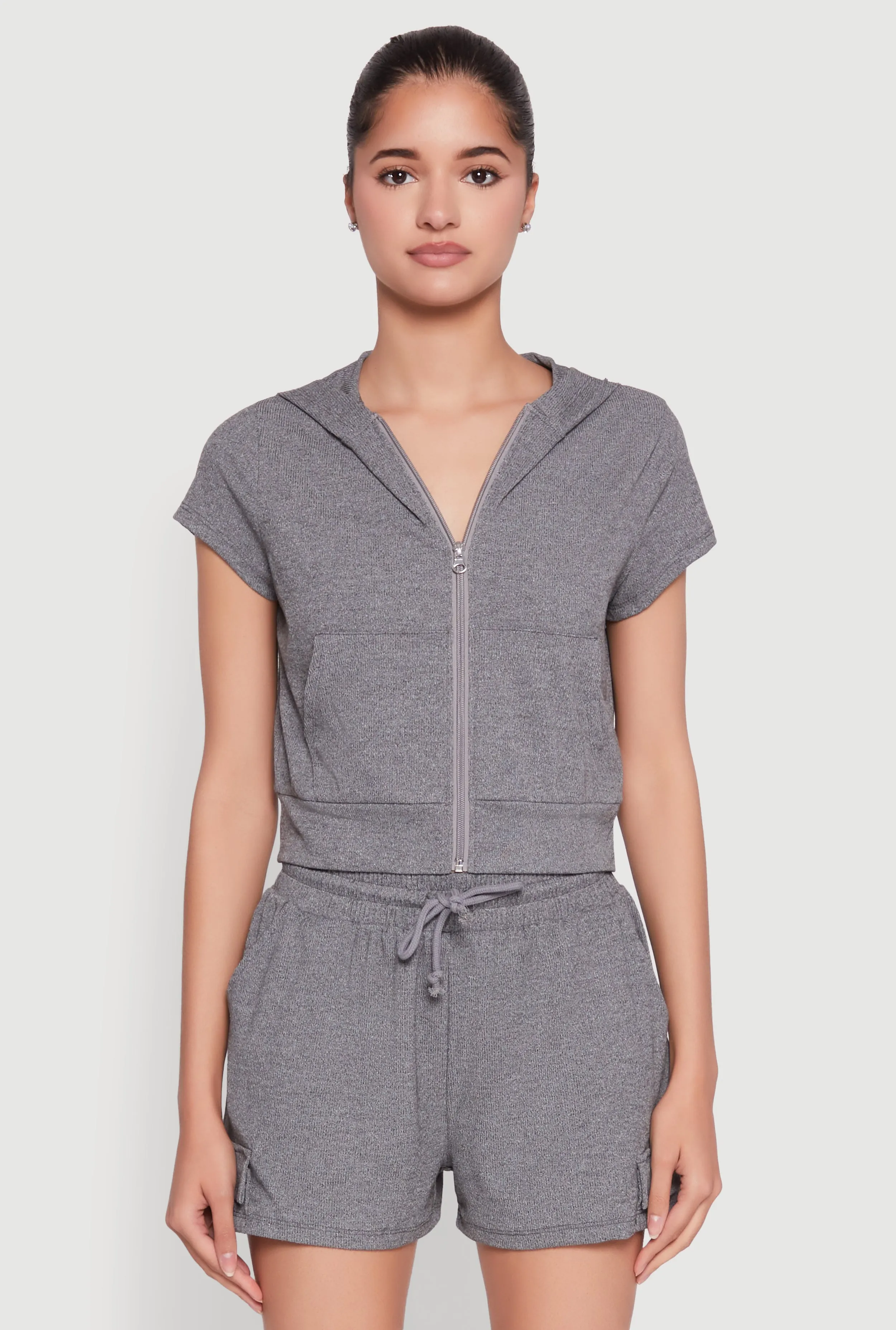 Ribbed Knit Short Sleeve Zip Front Hoodie sold by Rainbow product image thumbnail 2