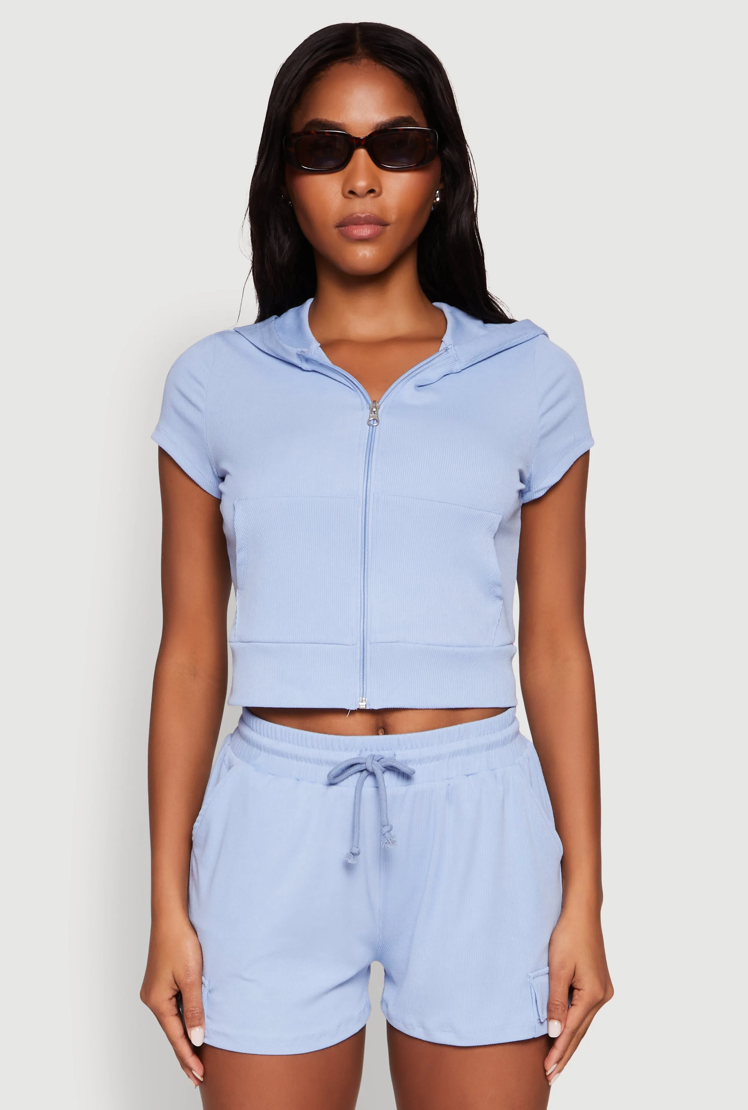 Ribbed Knit Short Sleeve Zip Front Hoodie sold by Rainbow product image thumbnail 4