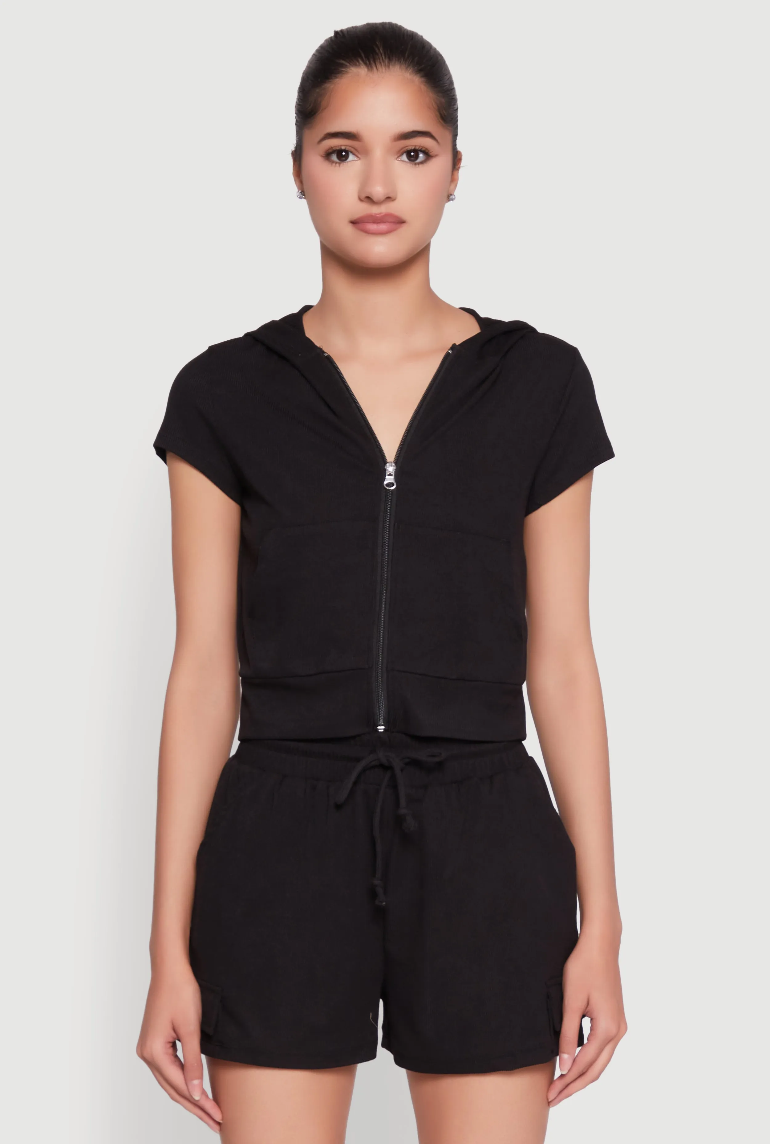 Ribbed Knit Short Sleeve Zip Front Hoodie sold by Rainbow