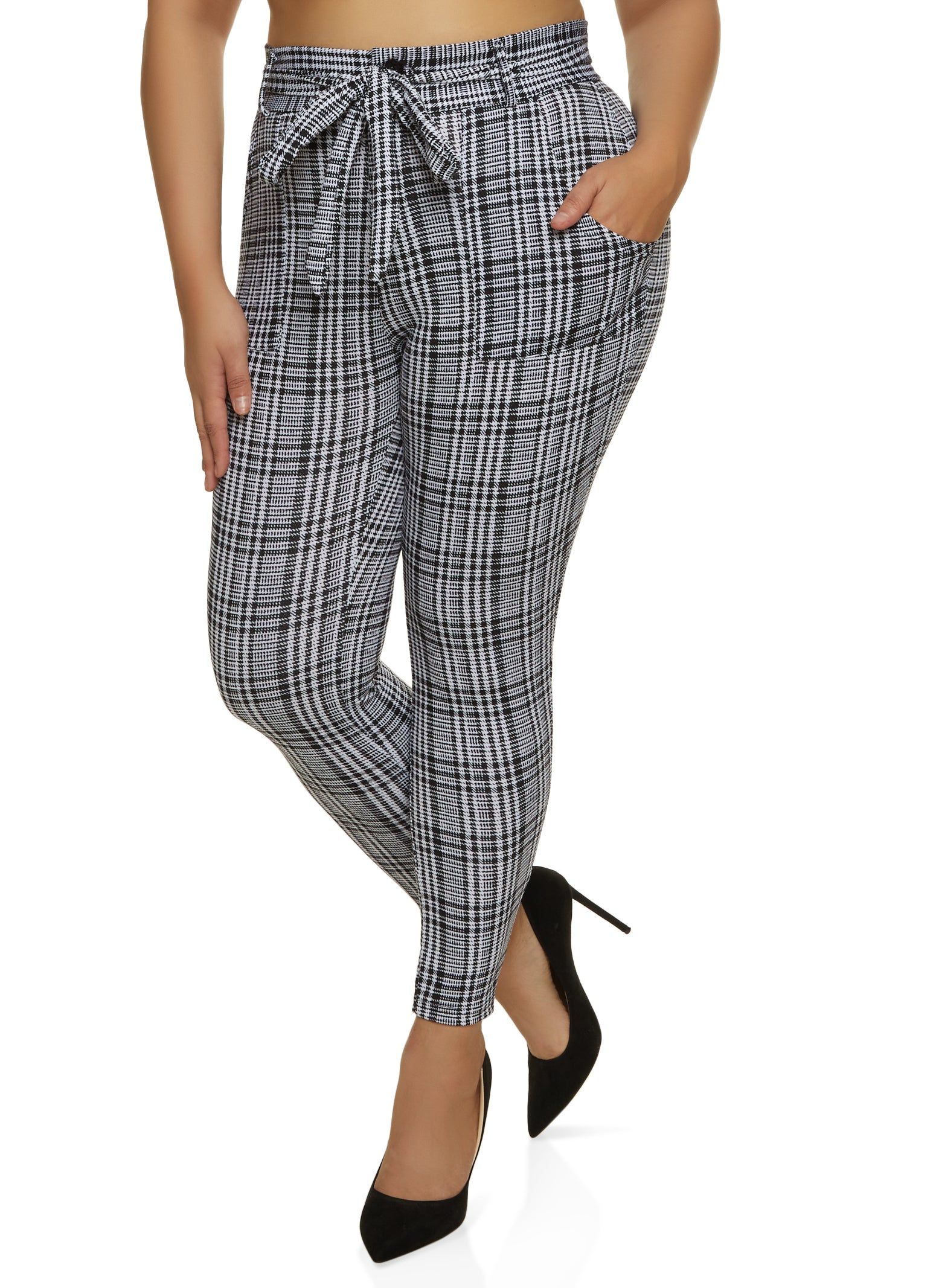 Plus Size Plaid Paperbag Waist Belted Skinny Pants sold by Rainbow