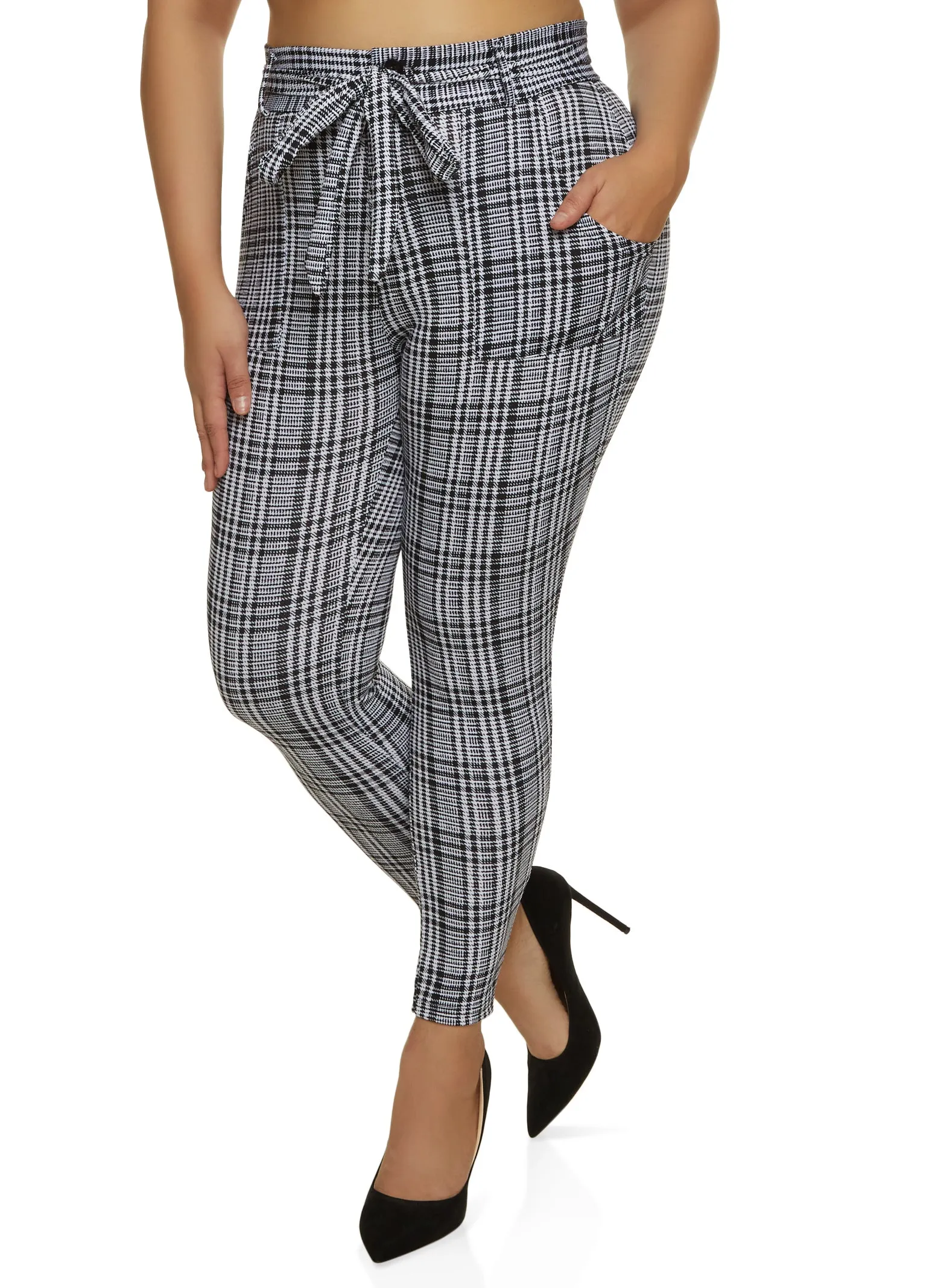 Plus Size Plaid High Waist Belted Skinny Pants sold by Rainbow