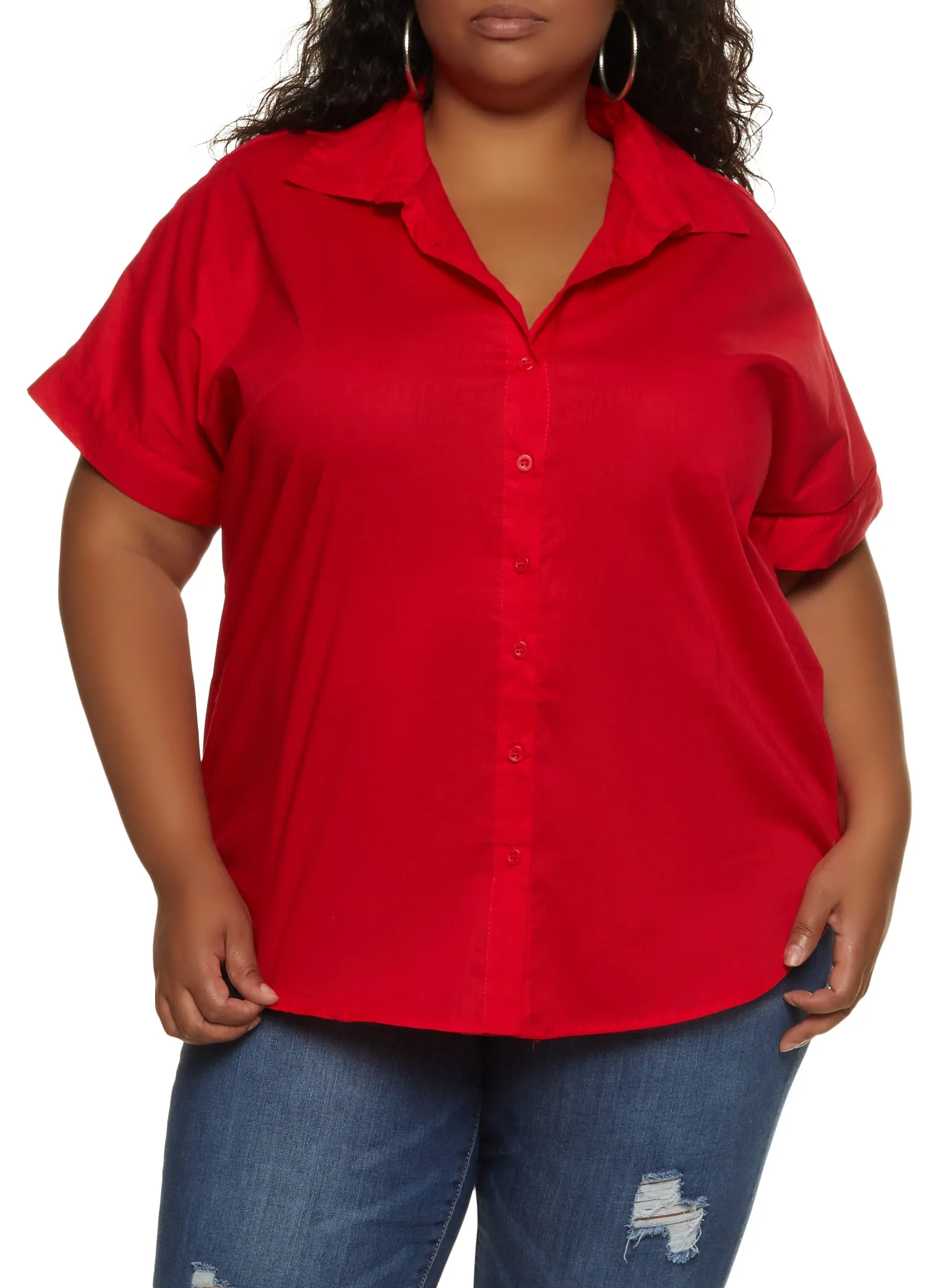 Plus Size Poplin Button Front High Low Shirt sold by Rainbow
