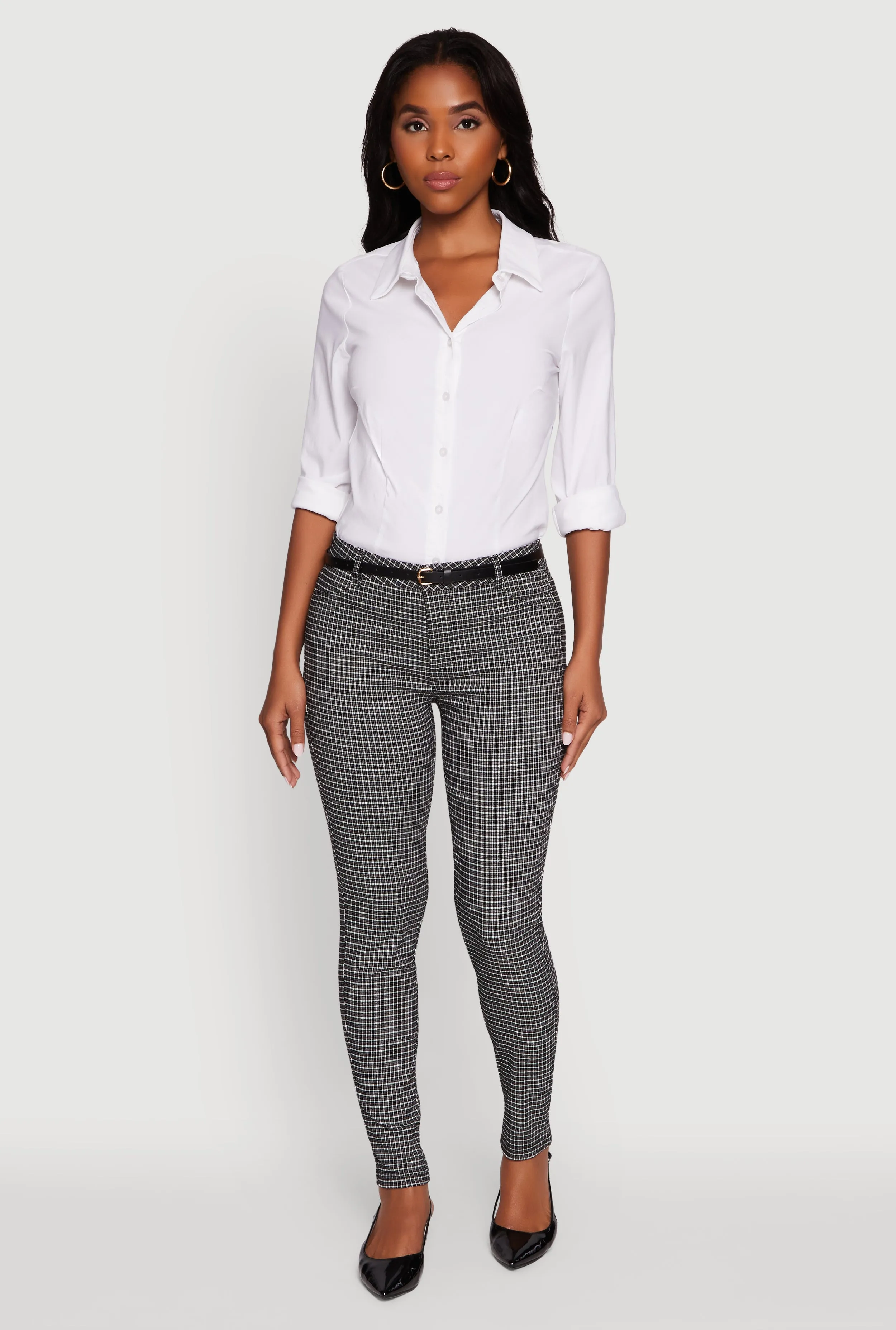 Plaid Skinny Leg Dress Pants with Belt sold by Rainbow