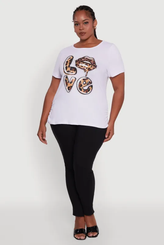 Plus Size Ribbed Knit Animal Print Detail Love Graphic Tee sold by Rainbow