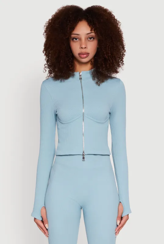Seamless Ribbed Knit Bustier Detail Cropped Track Jacket sold by Rainbow
