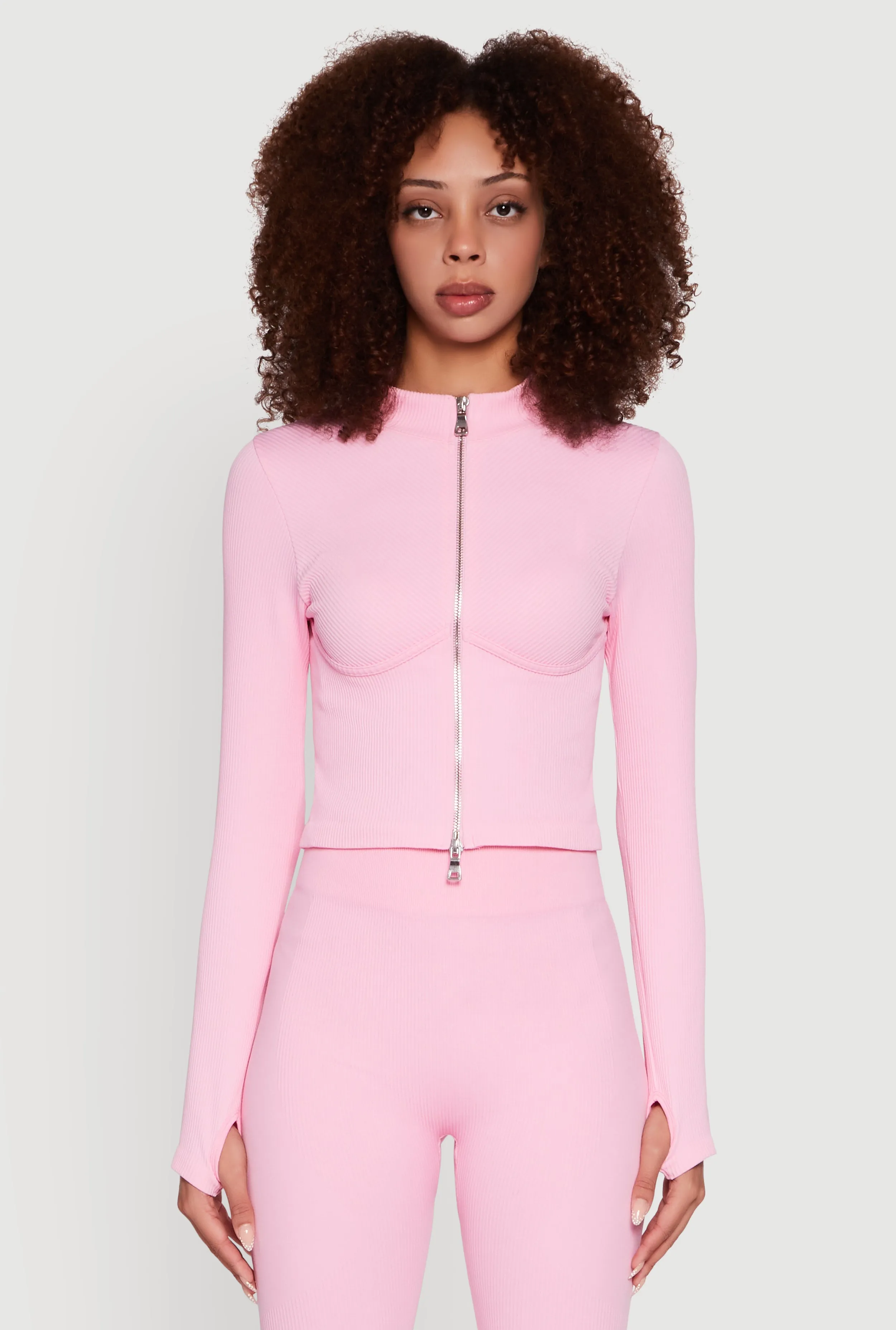 Seamless Ribbed Knit Bustier Detail Cropped Track Jacket sold by Rainbow