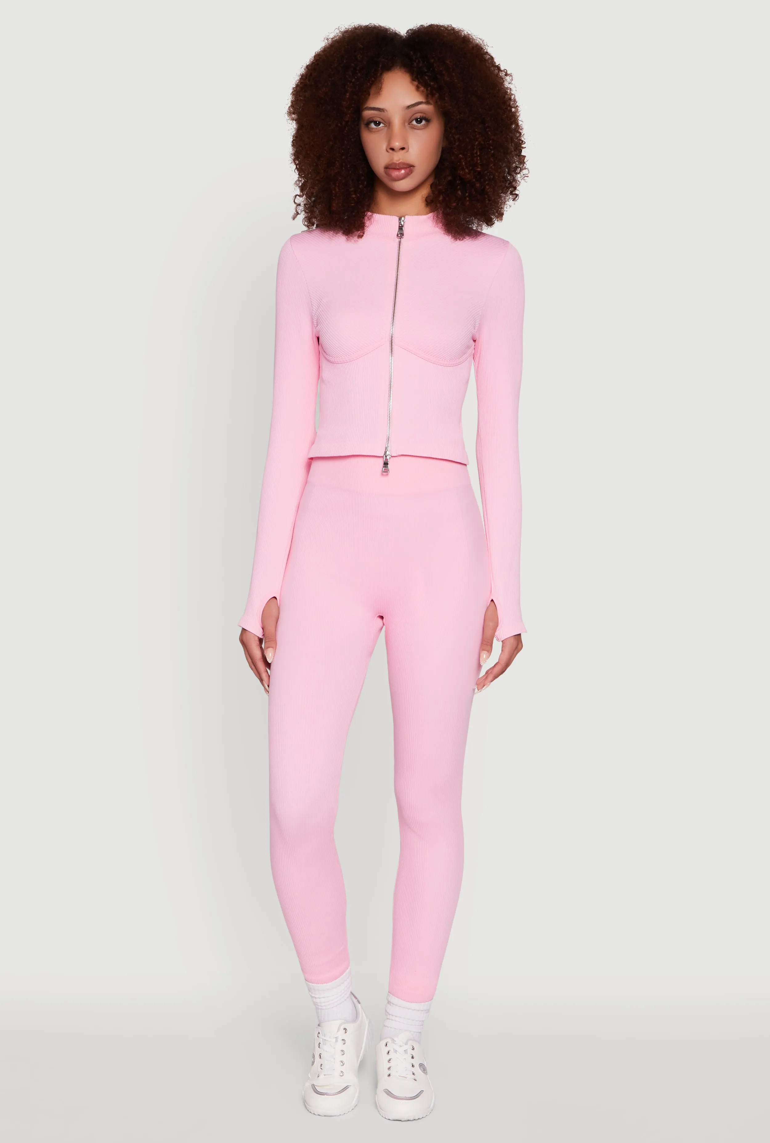 Seamless Ribbed Knit Bustier Detail Cropped Track Jacket sold by Rainbow product image thumbnail 2