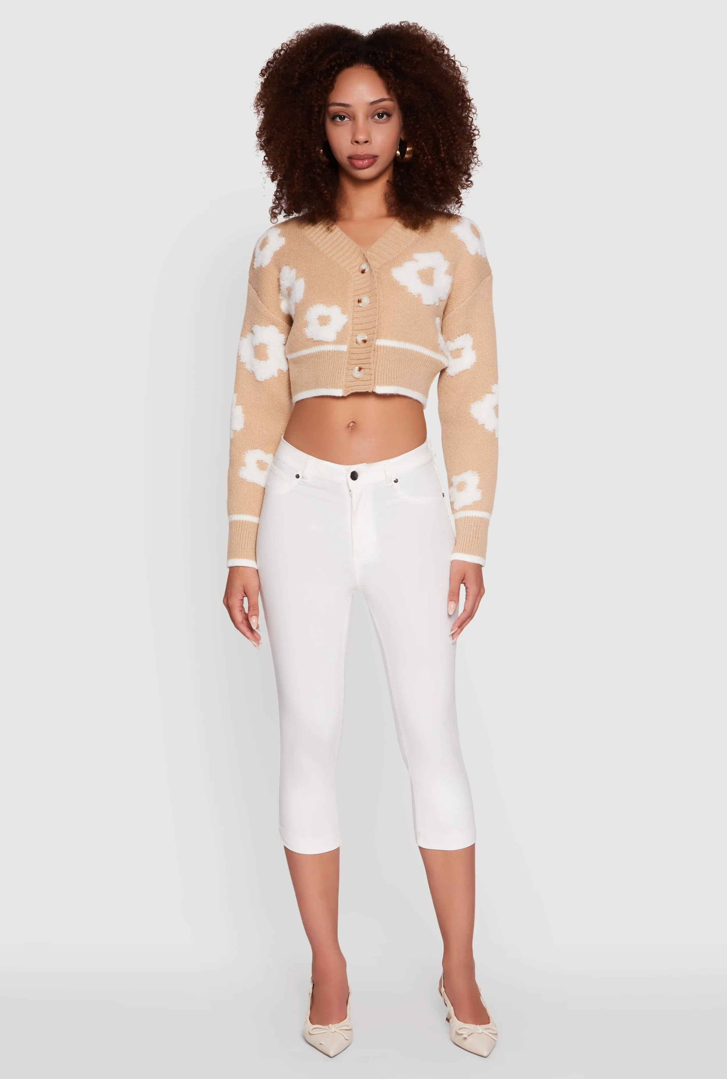 Chenille Floral Brushed Knit Cropped Cardigan sold by Rainbow