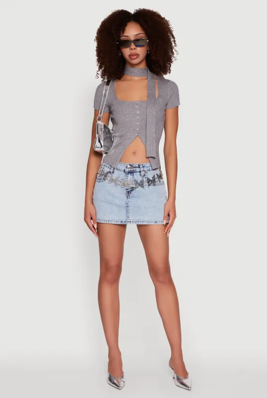 Ribbed Knit Button Front Crop Sweater with Neck Tie sold by Rainbow