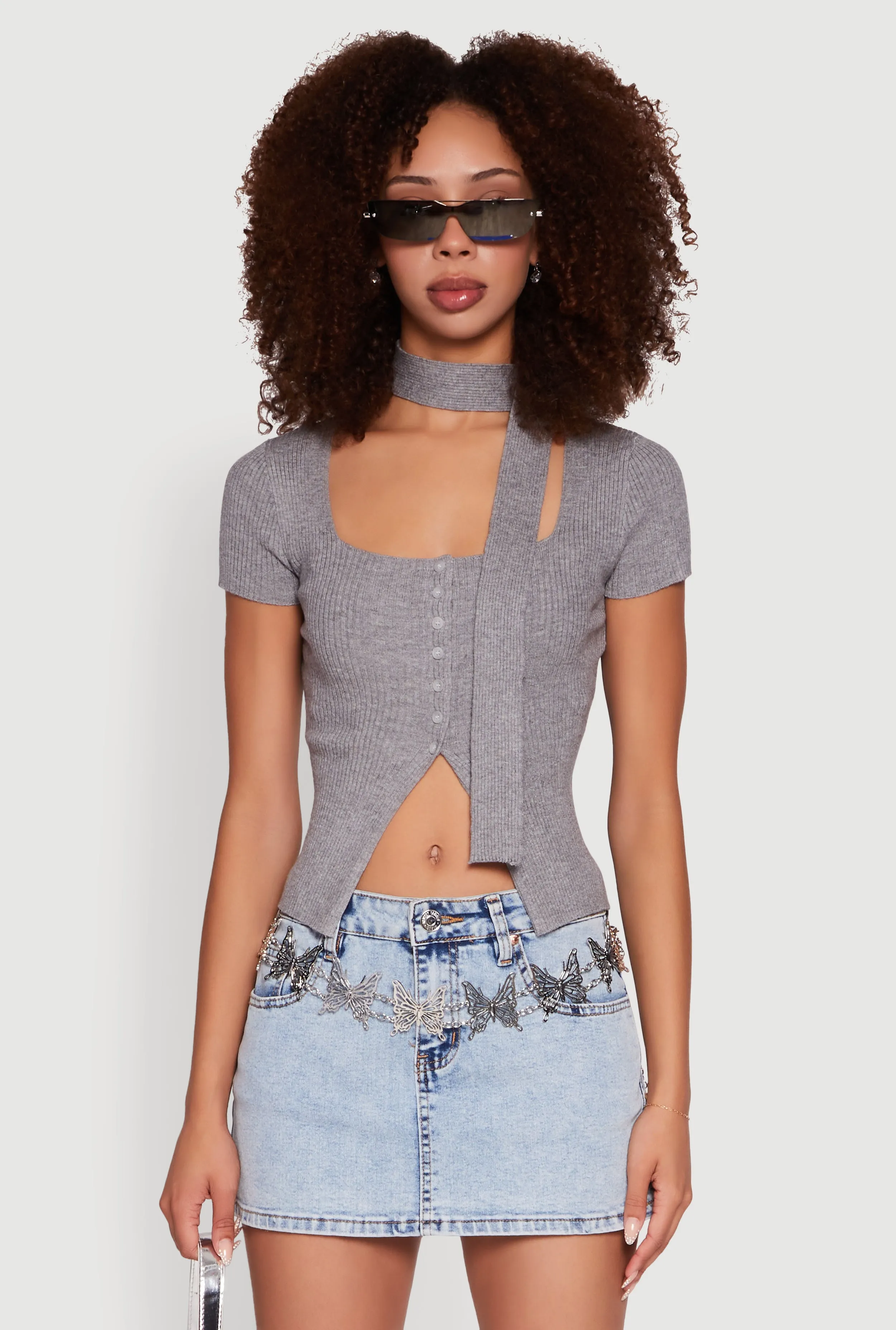 Ribbed Knit Button Front Crop Sweater with Neck Tie sold by Rainbow product image thumbnail 2