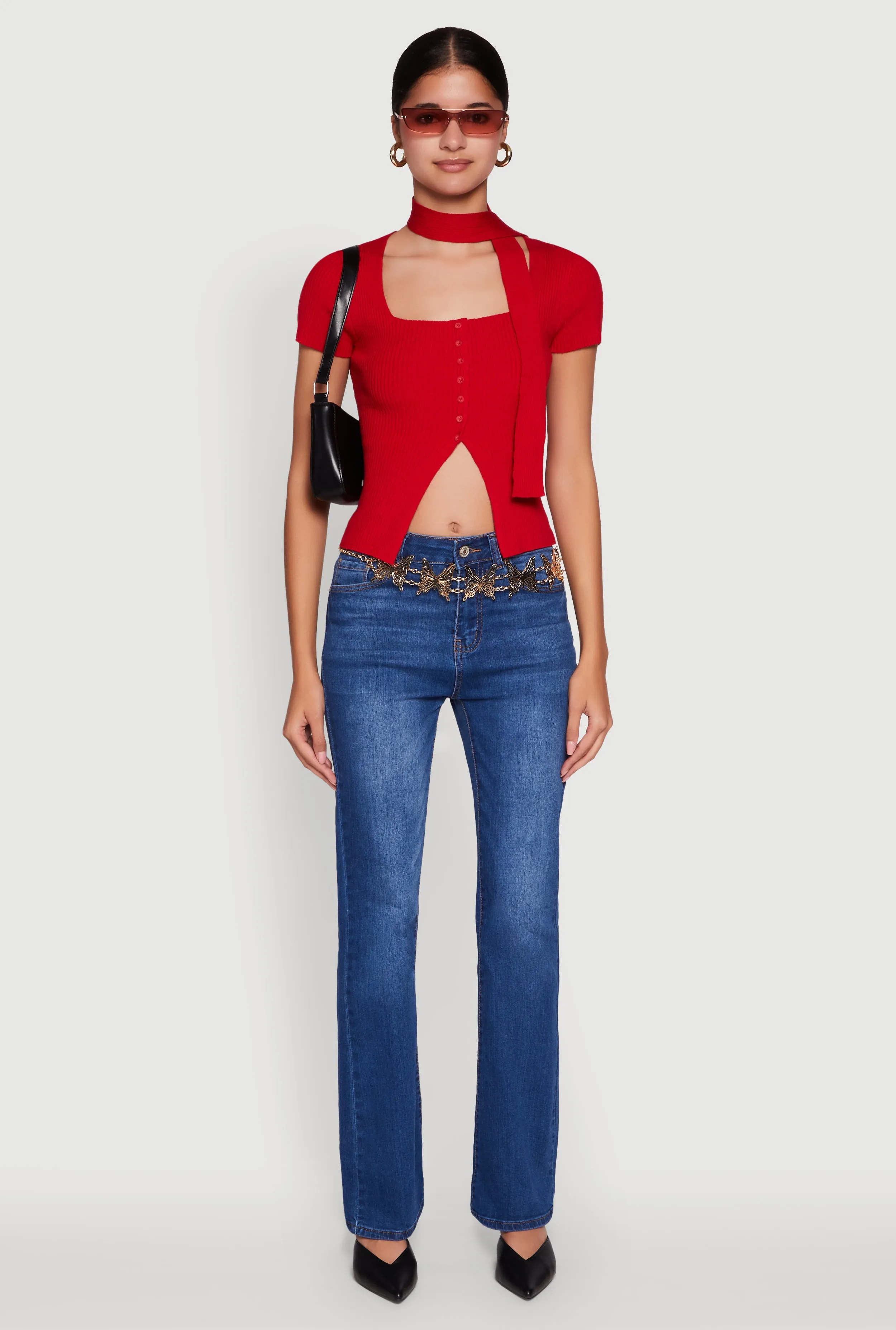 Ribbed Knit Button Front Crop Sweater with Neck Tie sold by Rainbow product image thumbnail 3