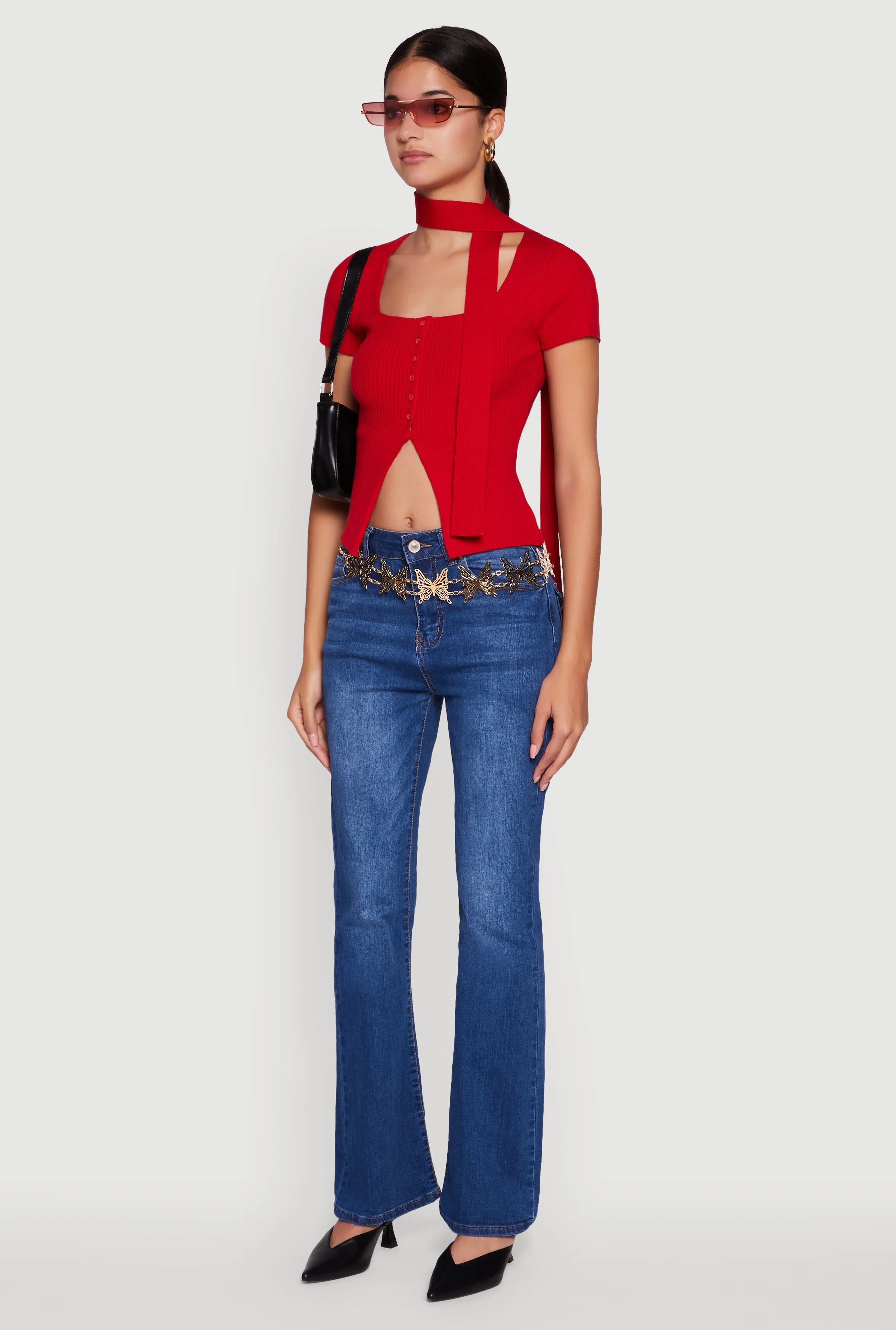 Ribbed Knit Button Front Crop Sweater with Neck Tie sold by Rainbow product image thumbnail 5