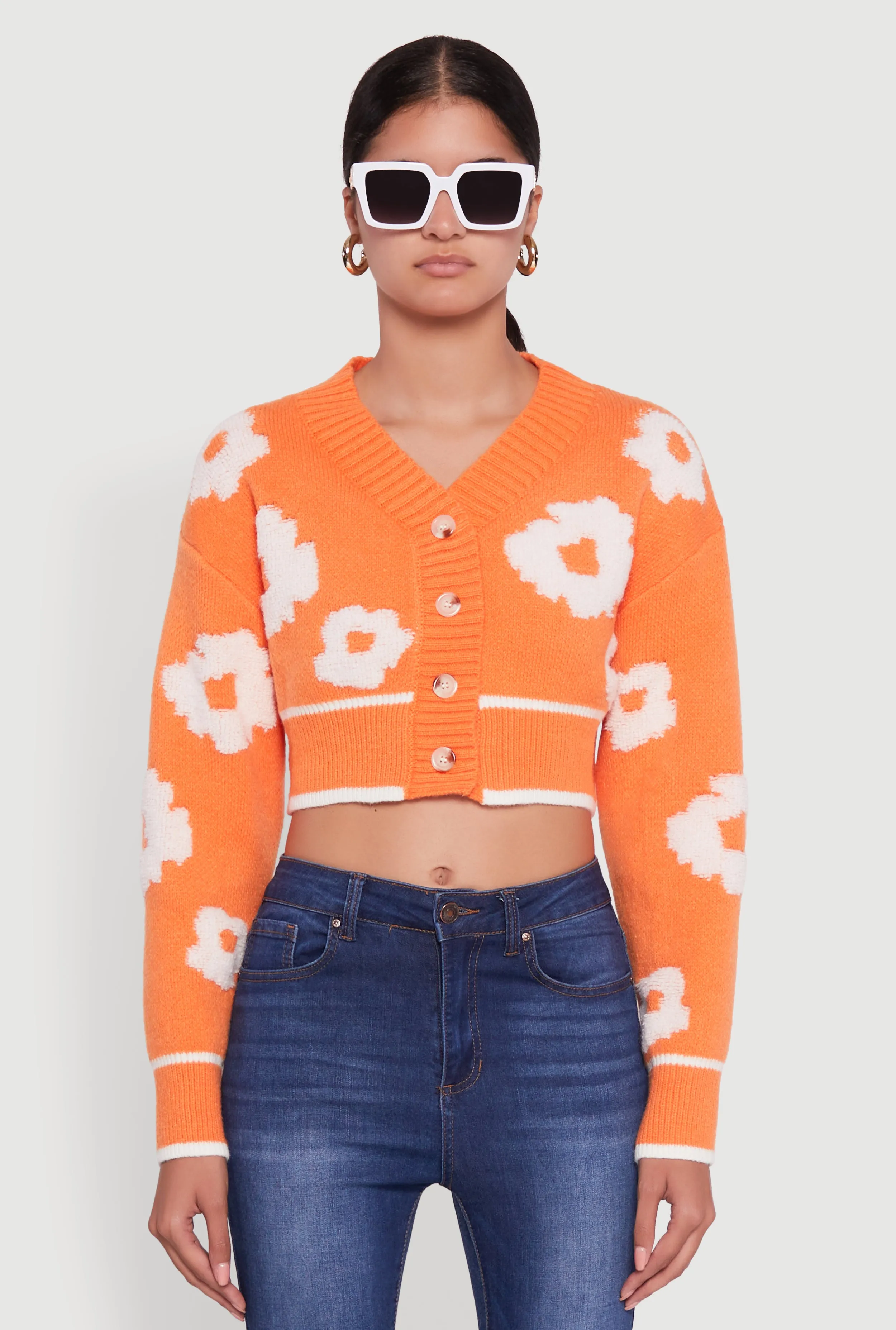 Chenille Floral Brushed Knit Cropped Cardigan sold by Rainbow product image thumbnail 3