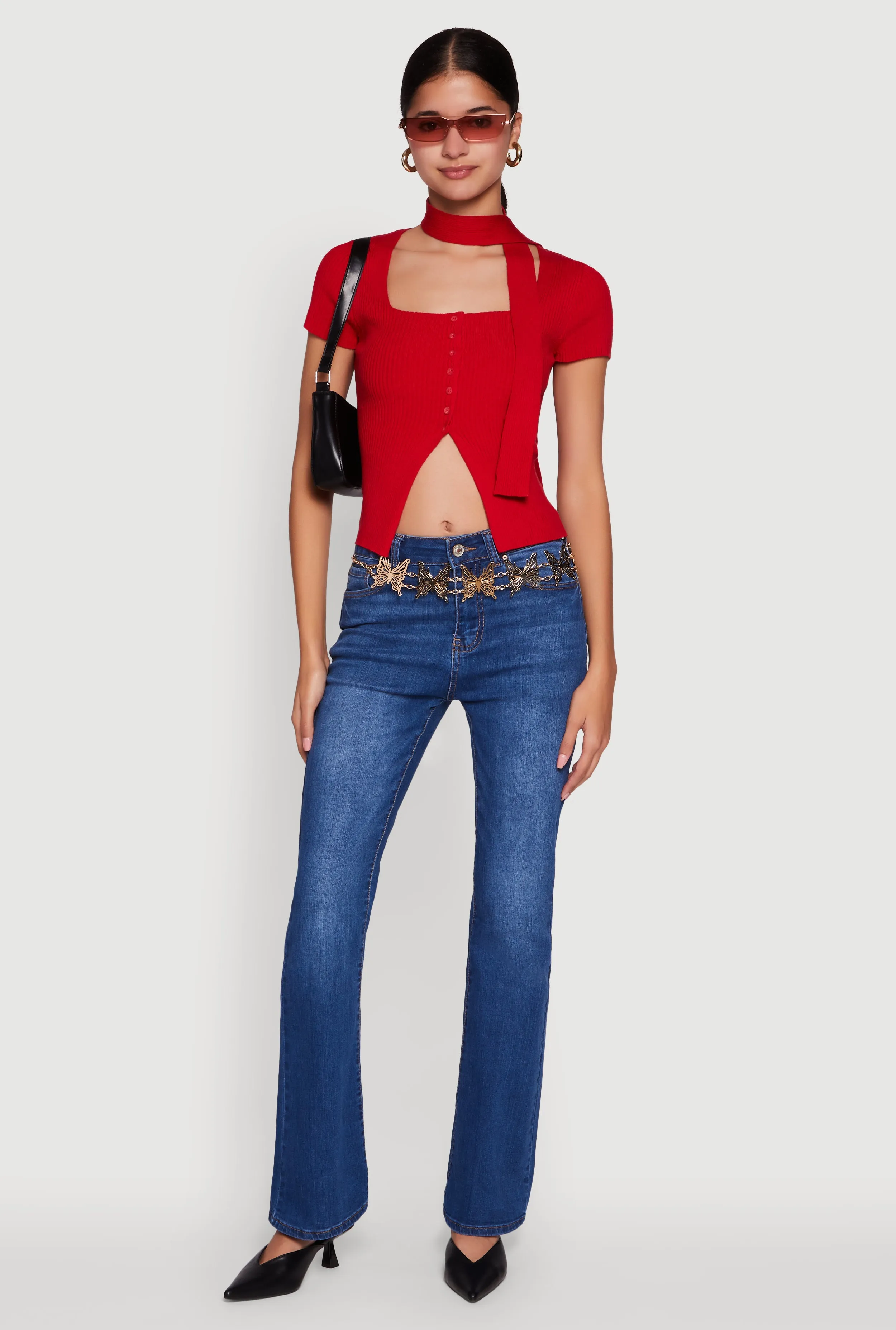 Ribbed Knit Button Front Crop Sweater with Neck Tie sold by Rainbow product image thumbnail 3