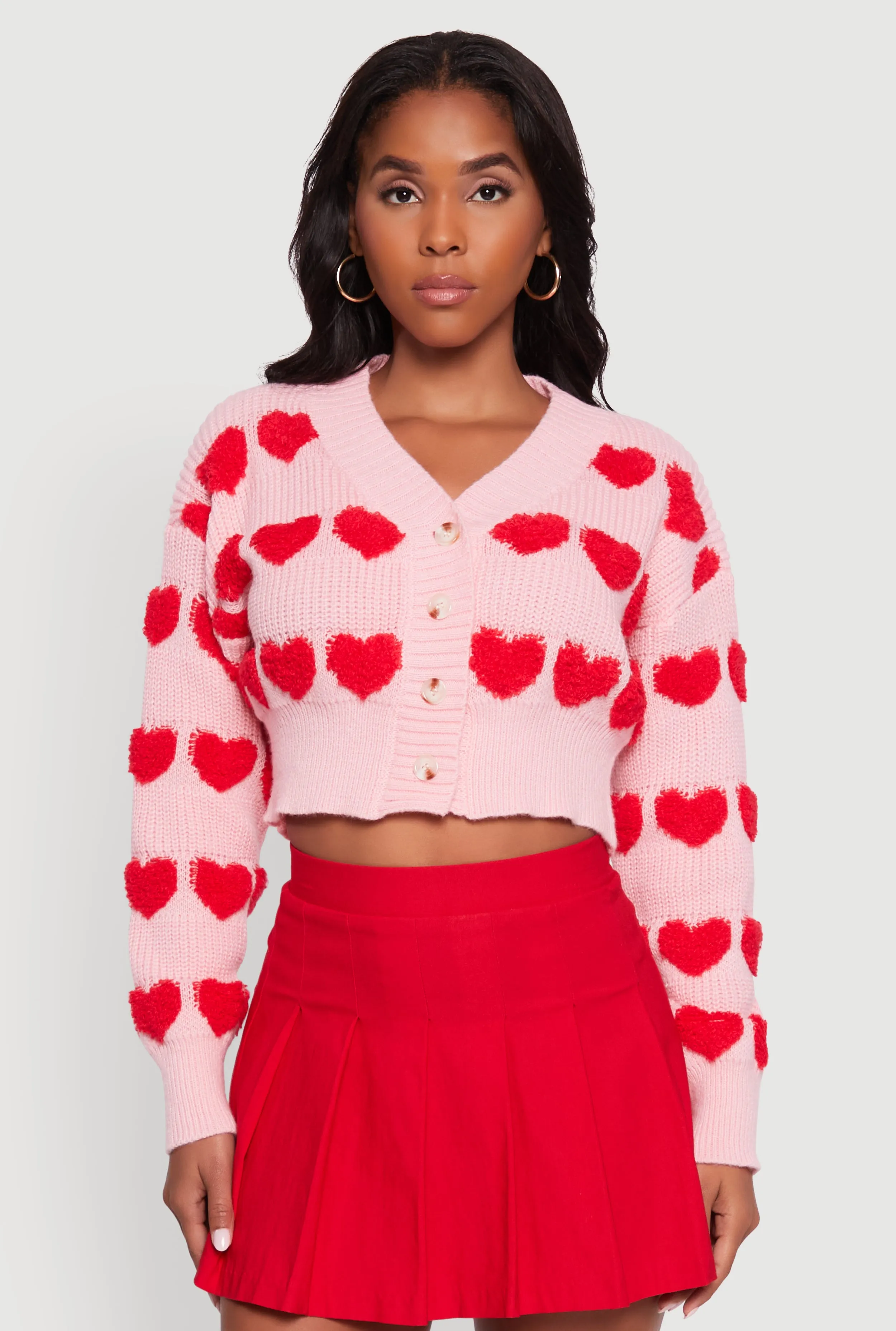 Chenille Heart Patterned Brushed Knit Cropped Cardigan sold by Rainbow product image thumbnail 2