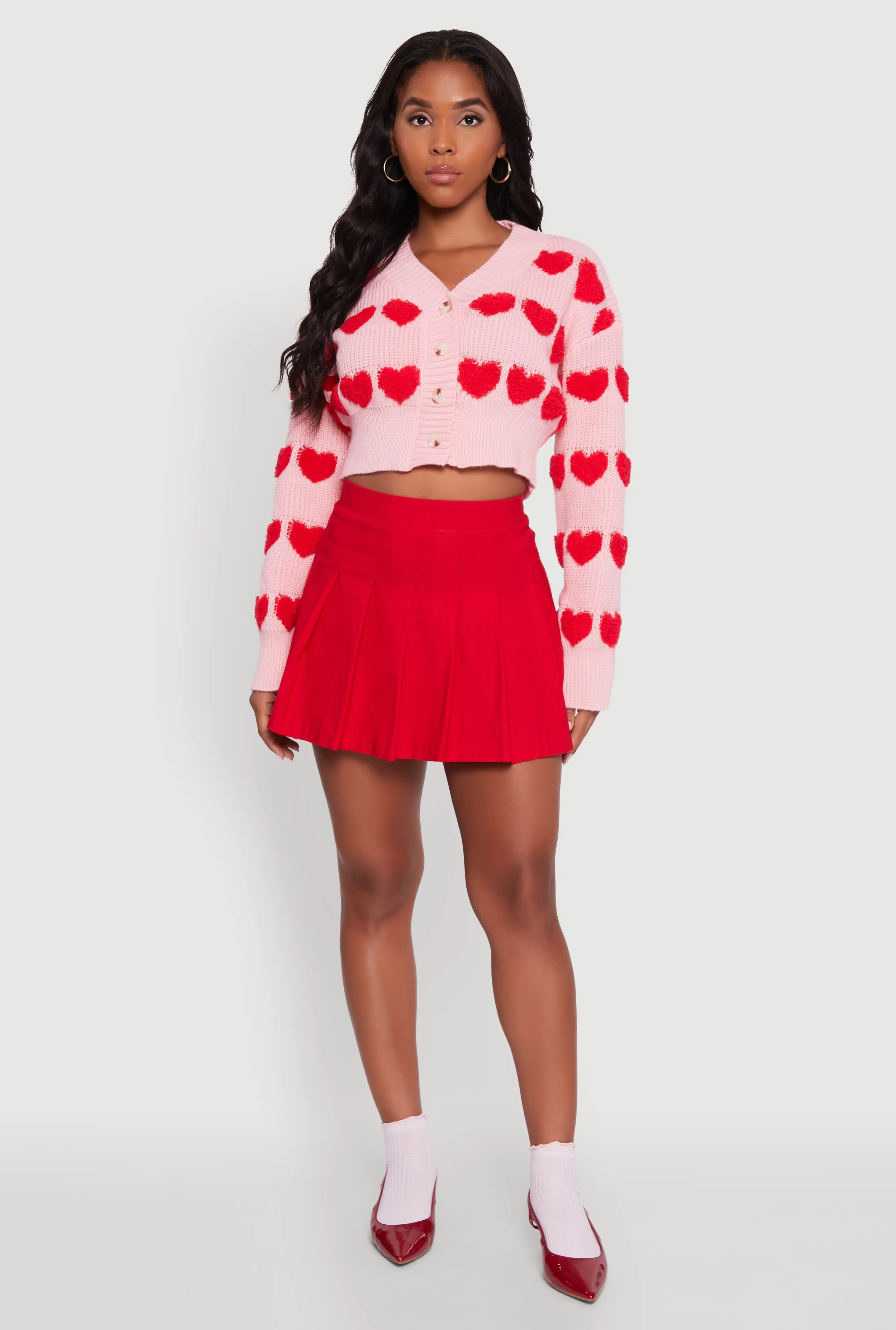 Chenille Heart Patterned Brushed Knit Cropped Cardigan sold by Rainbow