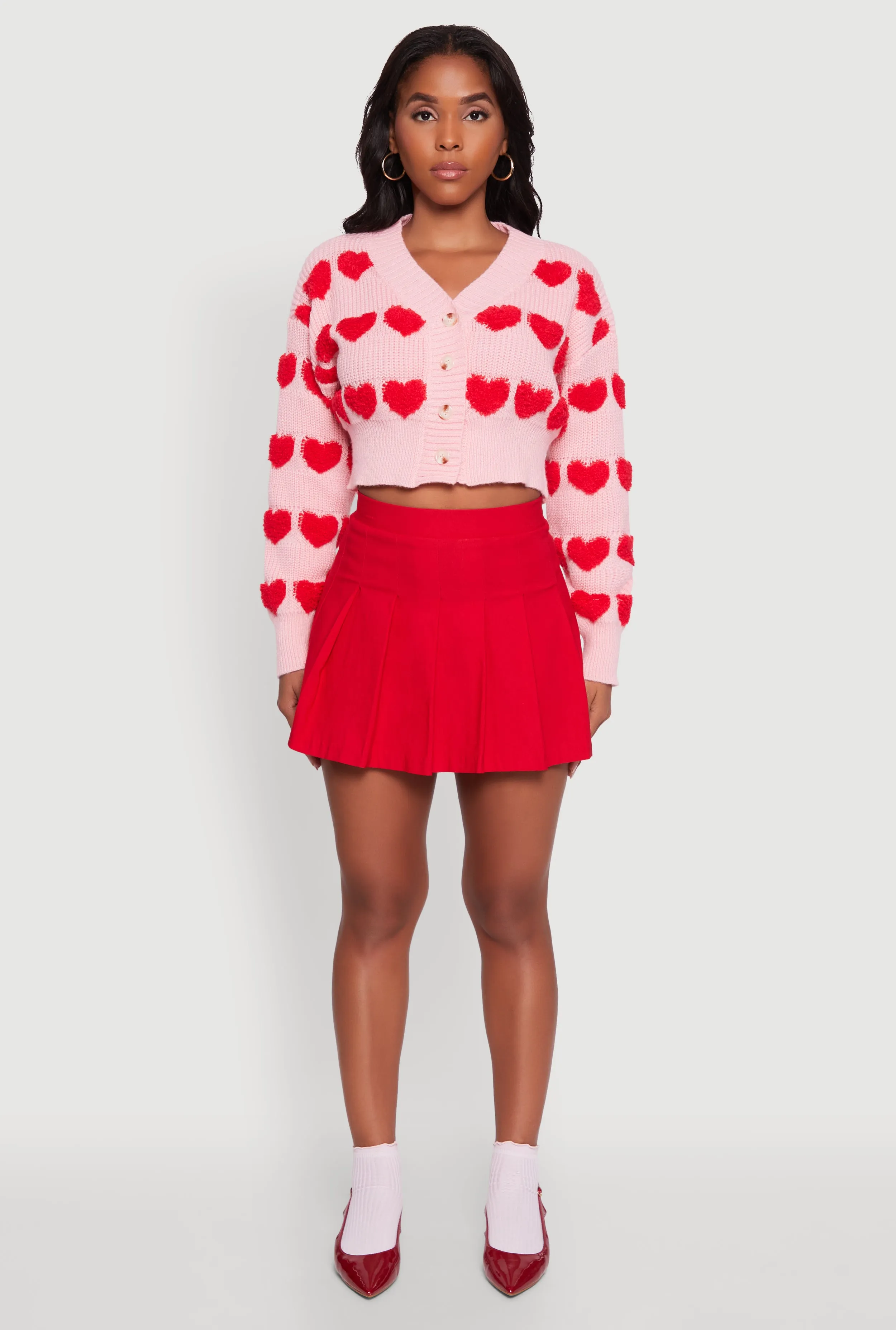 Chenille Heart Patterned Brushed Knit Cropped Cardigan sold by Rainbow product image thumbnail 3