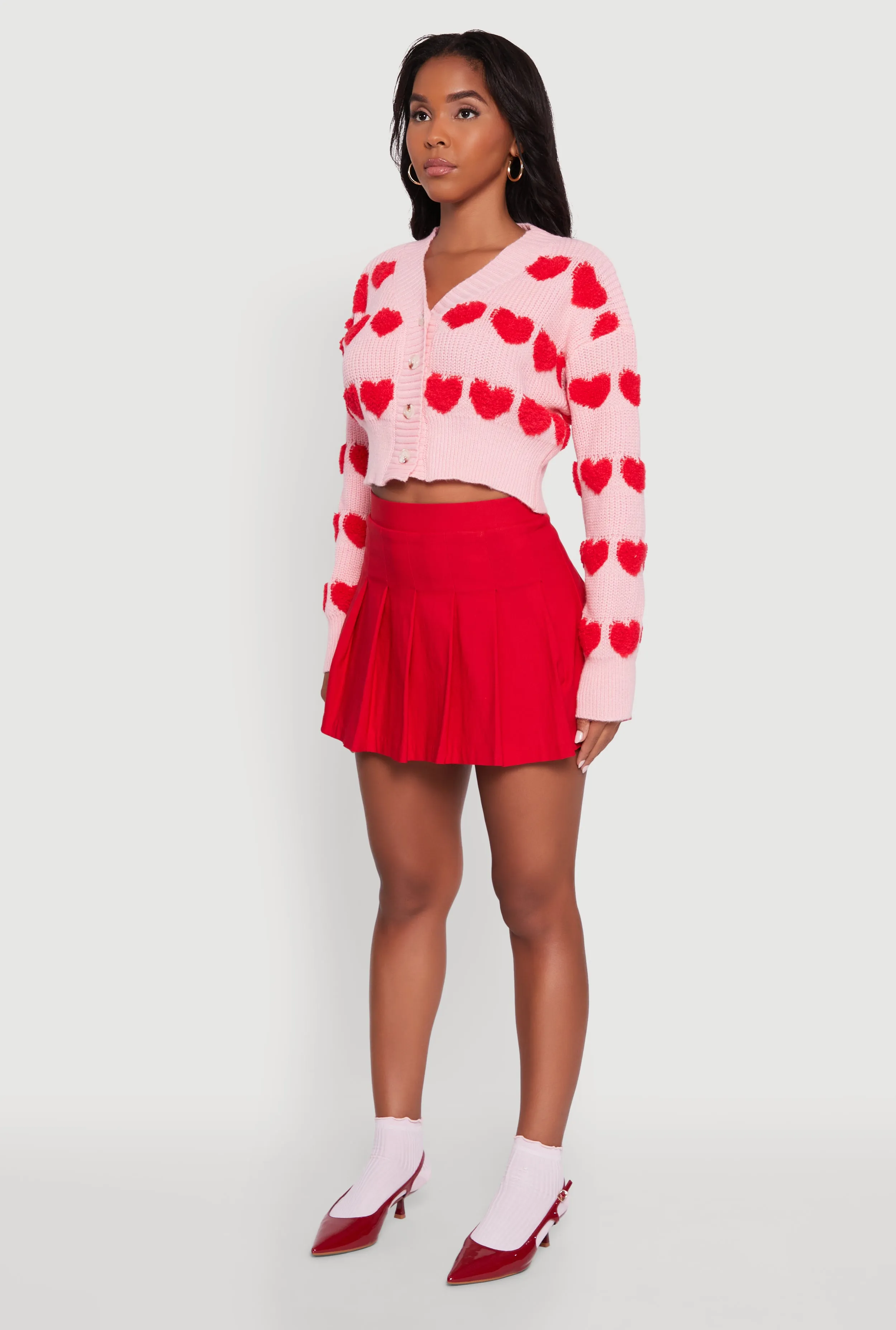 Chenille Heart Patterned Brushed Knit Cropped Cardigan sold by Rainbow product image thumbnail 5