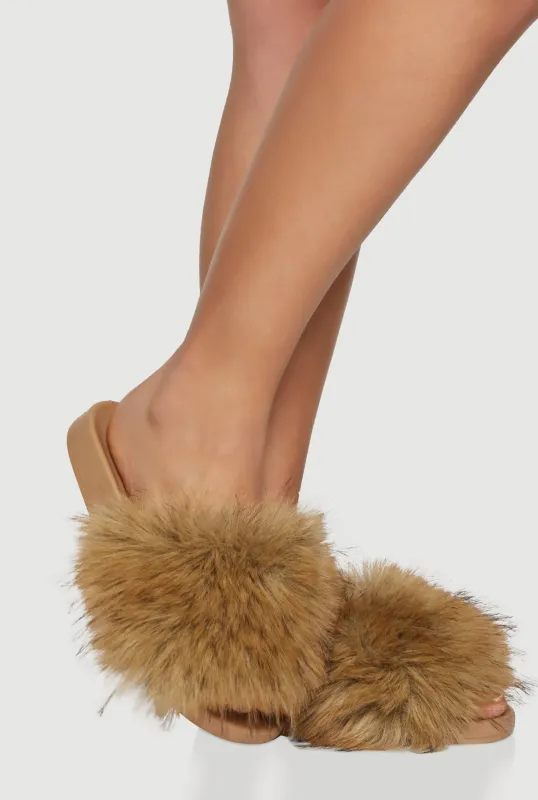 Faux Fur Open Toe Slide Sandals sold by Rainbow