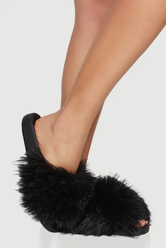 Faux Fur Open Toe Slide Sandals sold by Rainbow
