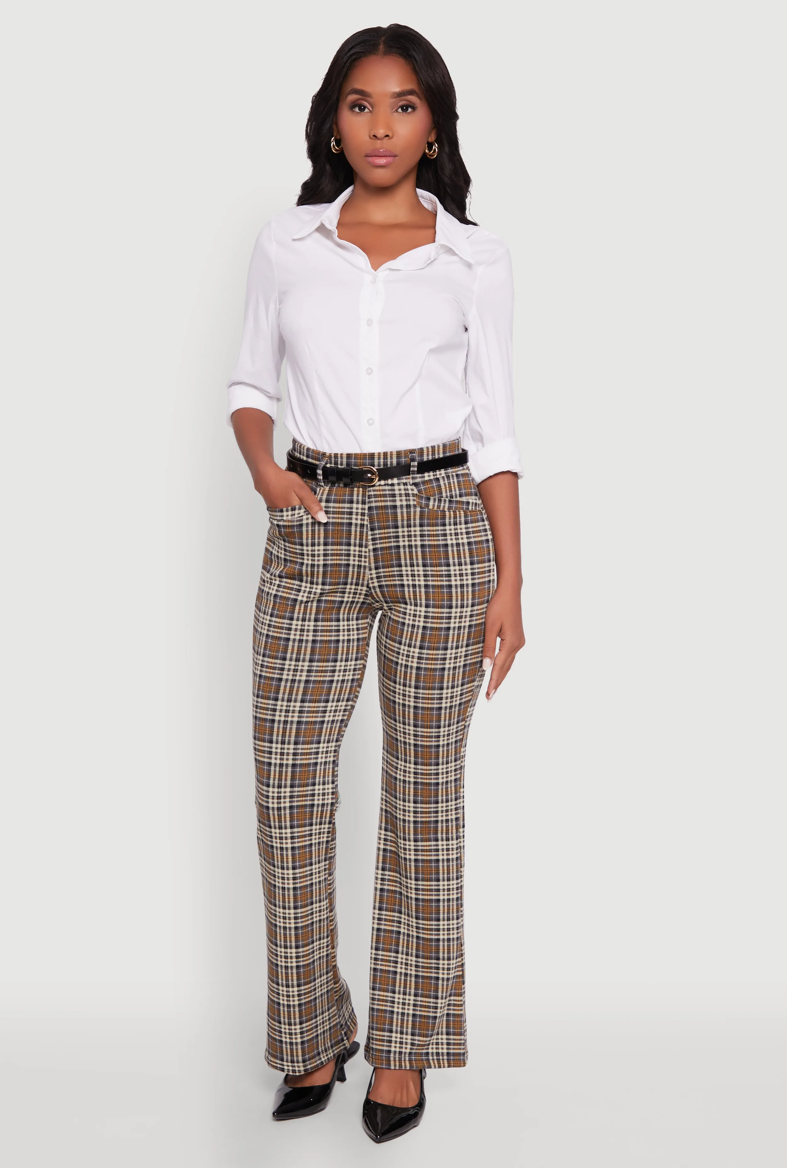 High Waisted Plaid Boot Cut Trousers with Belt sold by Rainbow