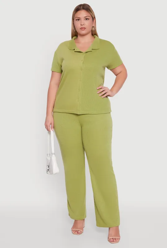 Plus Size High Waisted Wide Leg Ribbed Knit Pants sold by Rainbow