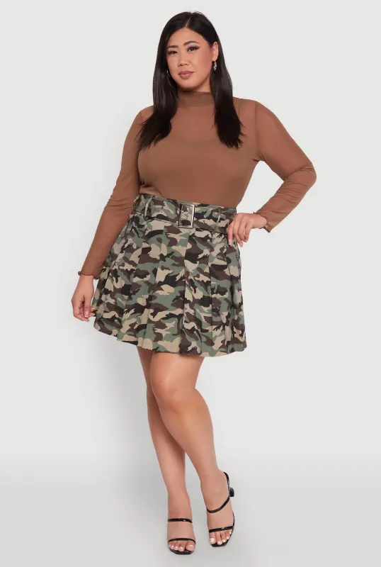Plus Size High Waist Mini Pleated Skirt with Belt sold by Rainbow