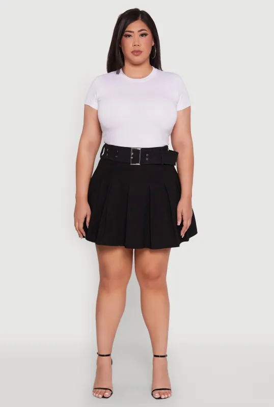 Plus Size High Waist Mini Pleated Skirt with Belt sold by Rainbow